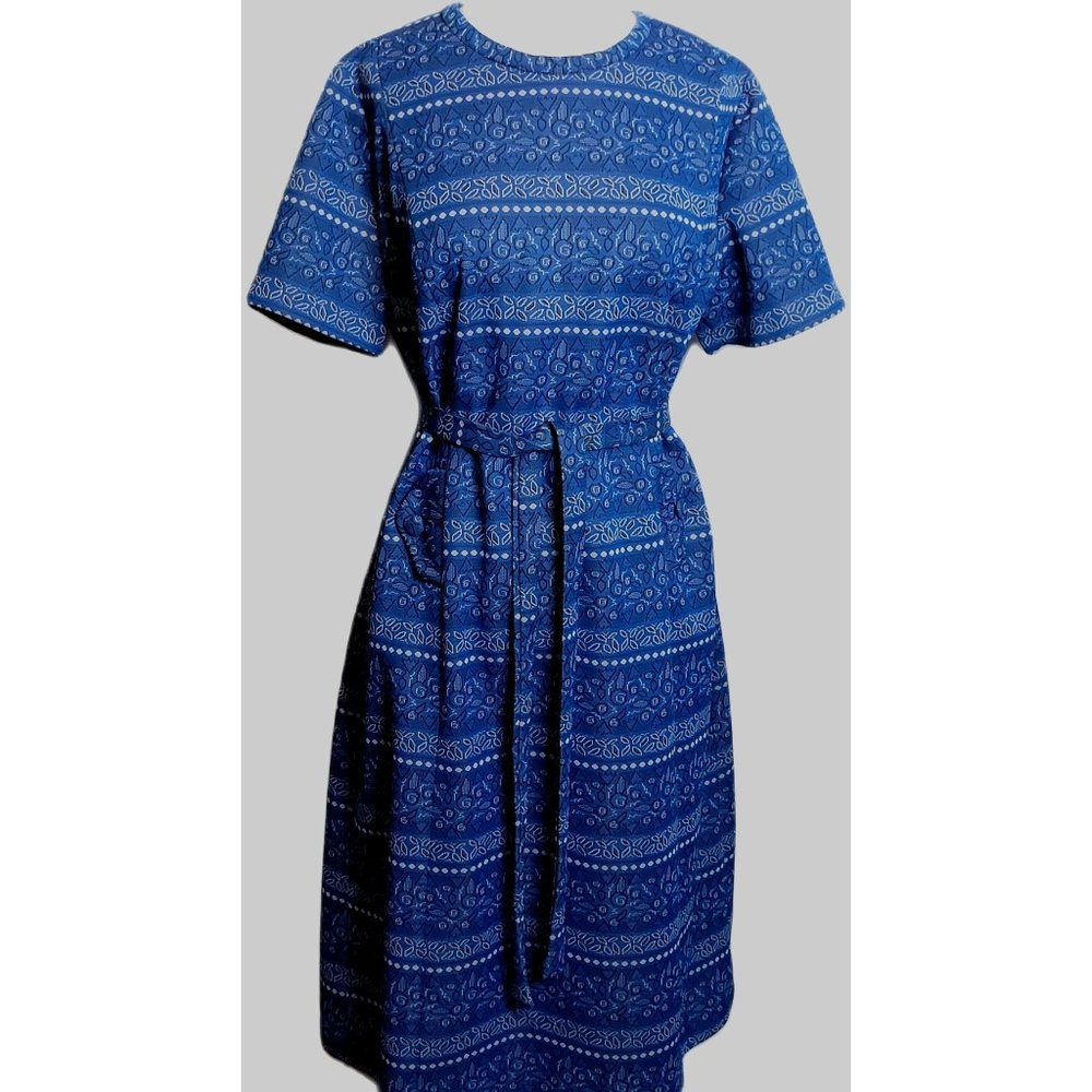 Vintage Dress Blue Bandana Print Jule Wyn New York Zip Back Belted Faux Pockets